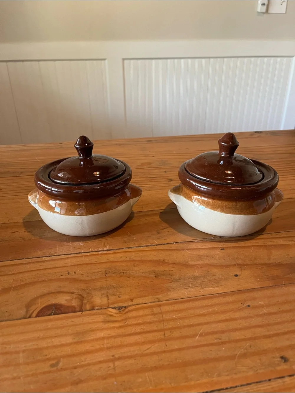 Vintage Brown and Cream Stoneware Casserole Bowls with Lids Set of 2